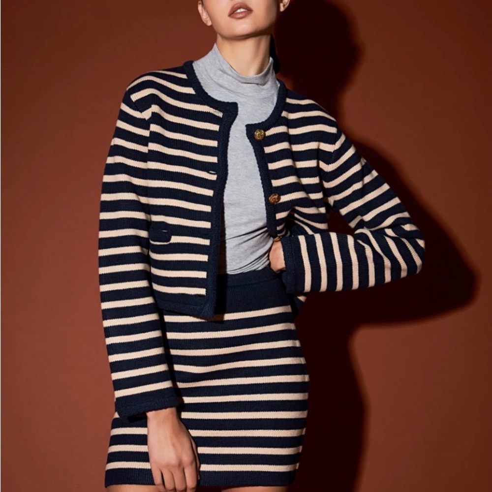 English Factory Navy and Cream Striped Cardigan